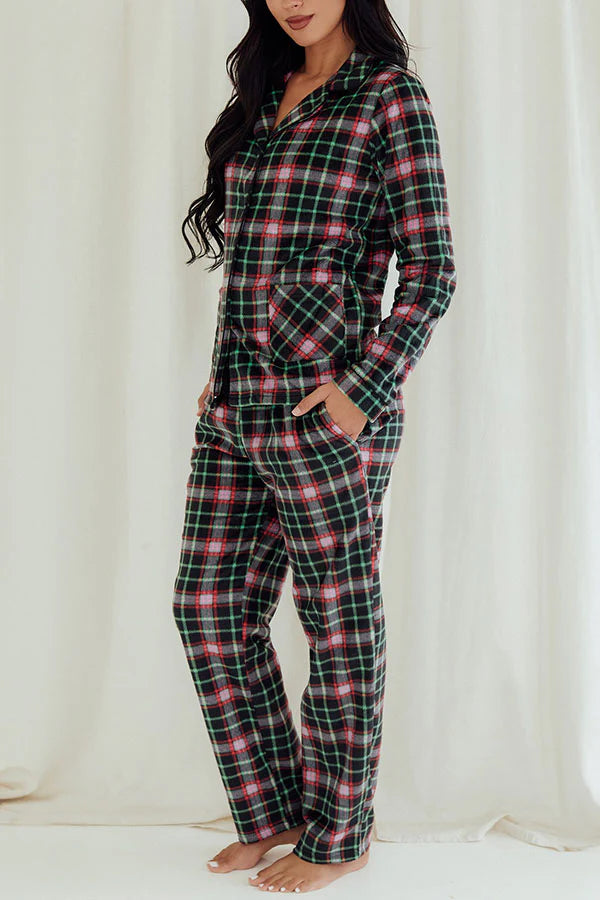 Youmita Women's Black/Green Plaid Button Pajama Set