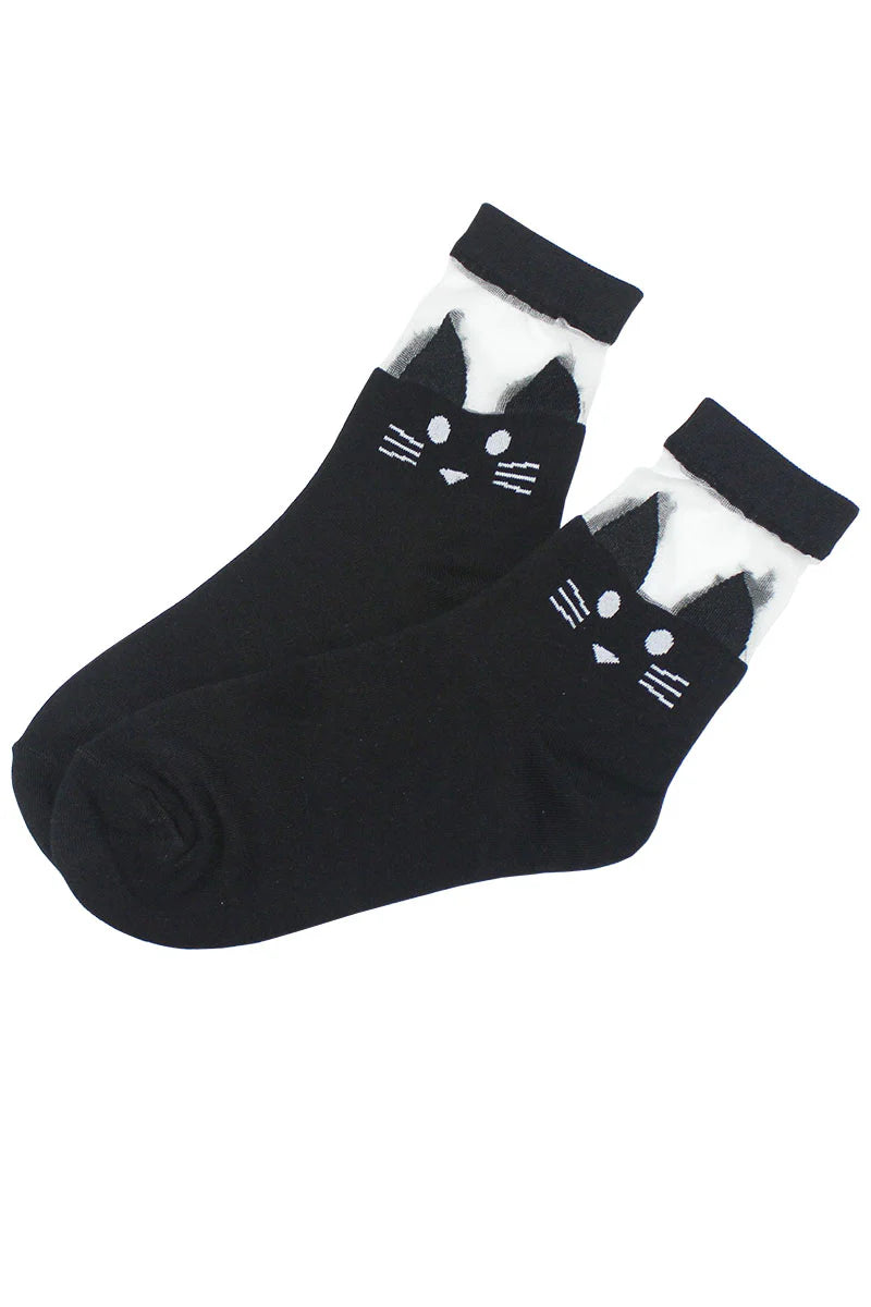 Youmita  Mesh Ankle Cotton Blend Cat Print Crew Socks