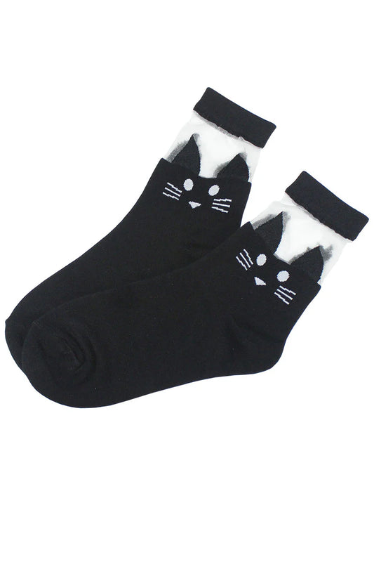Youmita  Mesh Ankle Cotton Blend Cat Print Crew Socks