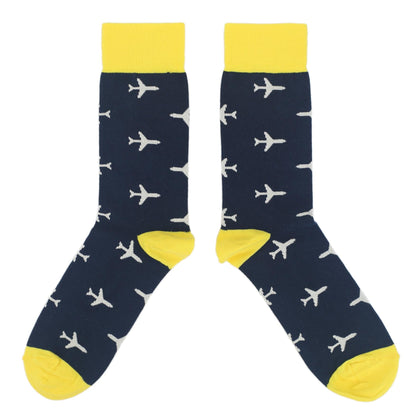 Navy Yellow Airplane Pattern Men’s Dress Socks