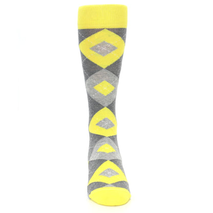 Lemon Yellow Gray Argyle Wedding Groomsmen Men’s Dress Socks