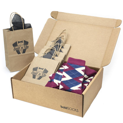 Customizable Groomsmen Gift Set Sangria Navy Argyle Men’s Dress Socks