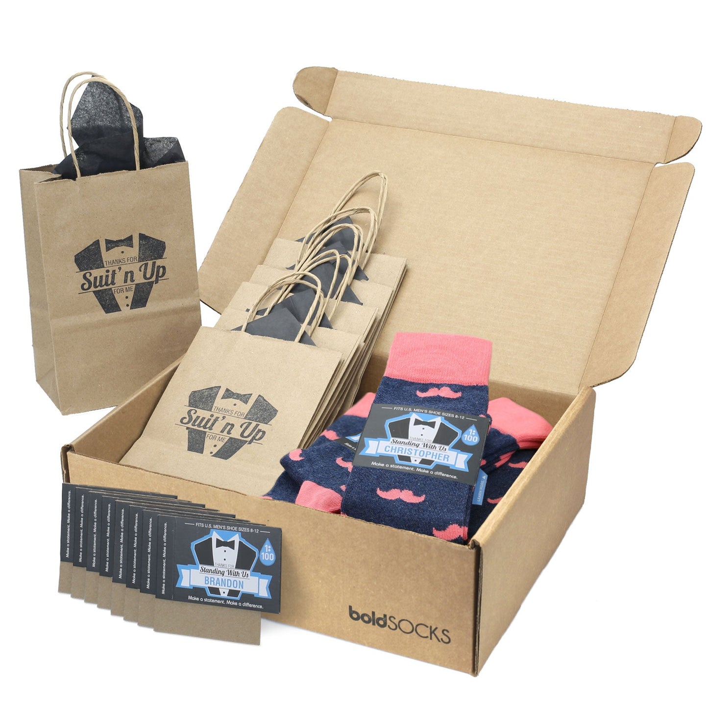 Customizable Groomsmen Gift Set Coral Navy Mustache Men's Dress Socks