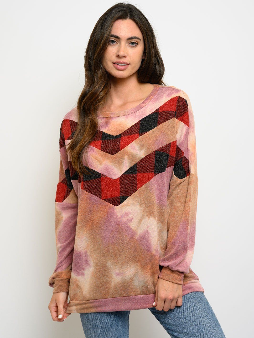 WOMEN'S PLAID TIE DYE CONTRAST LONG SLEEVE TOP