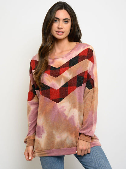 WOMEN'S PLAID TIE DYE CONTRAST LONG SLEEVE TOP