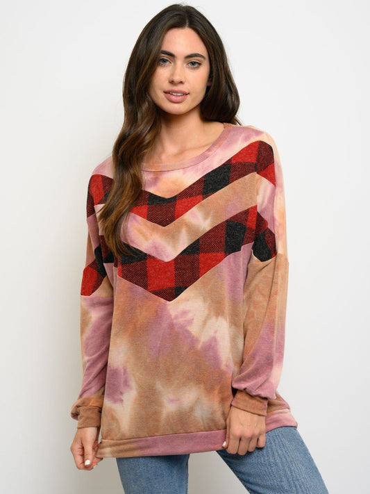 WOMEN'S PLAID TIE DYE CONTRAST LONG SLEEVE TOP