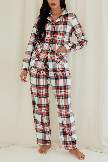 Youmita Women's White/Red Plaid Button Pajama Set