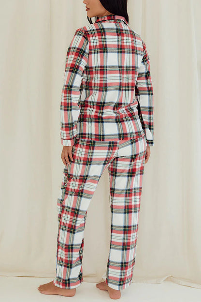 Youmita Women's White/Red Plaid Button Pajama Set