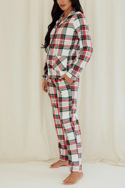 Youmita Women's White/Red Plaid Button Pajama Set