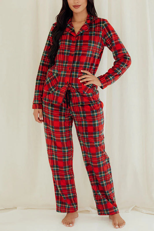 Youmita Women's Red/Green Plaid Button Pajama Set