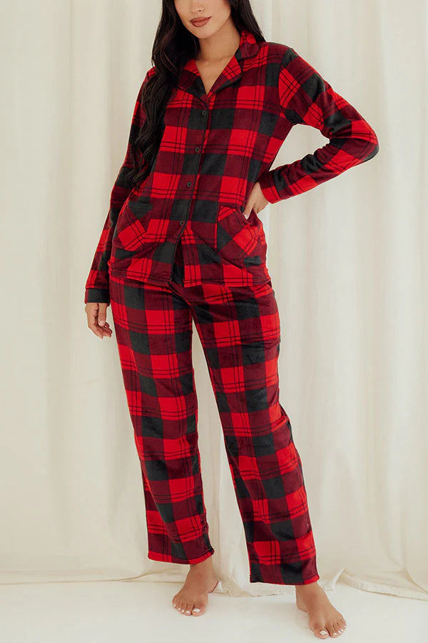 Youmita Women's Red/Black Plaid Button Pajama Set