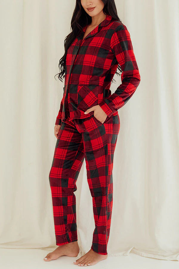 Youmita Women's Red/Black Plaid Button Pajama Set