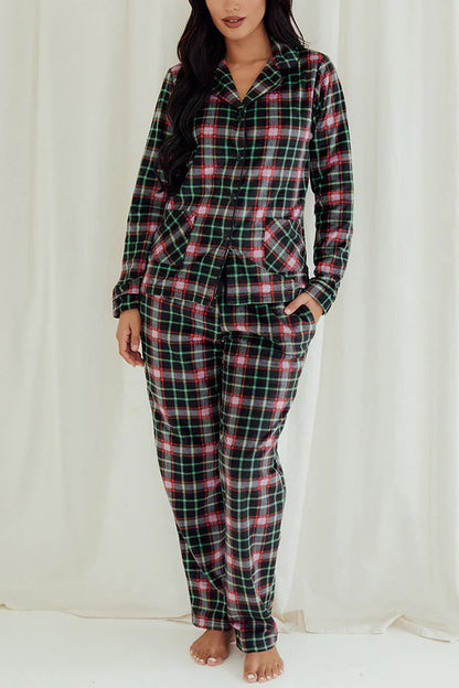 Youmita Women's Black/Green Plaid Button Pajama Set