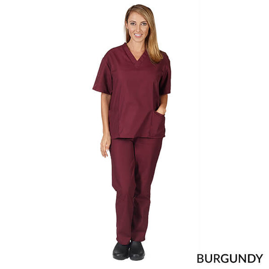 Natural Uniforms Unisex Solid V-Neck Scrub Set - Burgundy