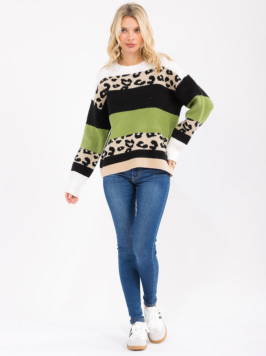 WOMEN'S LONG SLEEVE COLORBLOCK ANIMAL PRINT PULLOVER SWEATER