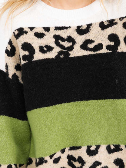 WOMEN'S LONG SLEEVE COLORBLOCK ANIMAL PRINT PULLOVER SWEATER