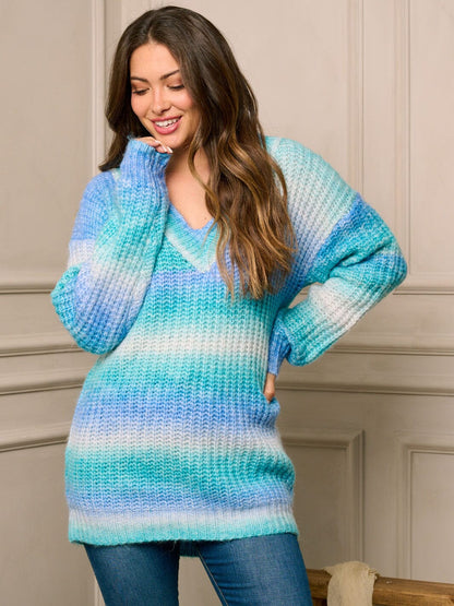 WOMEN'S LONG SLEEVE V-NECK COLORBLOCK PULLOVER SWEATER