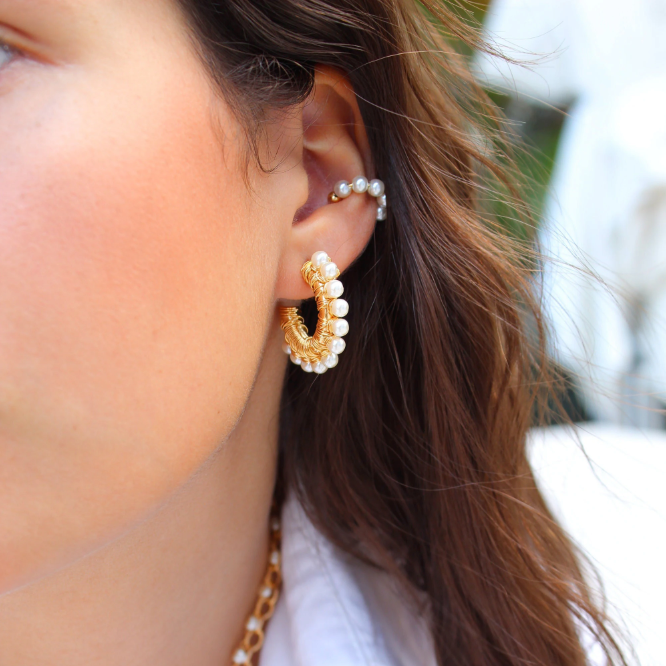Pearl Wire Wrapped Gold Hoop Earrings & Pearl Ear Cuffs