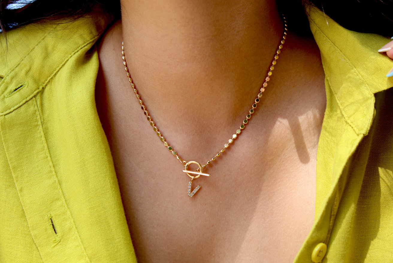 Pave Initial Pendant 3mm Disc Toggle Bar Necklace