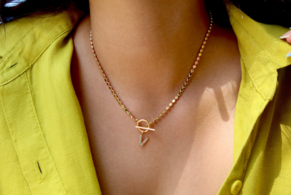 Pave Initial Pendant 3mm Disc Toggle Bar Necklace