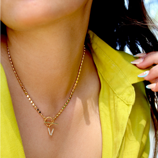 Pave Initial Pendant 3mm Disc Toggle Bar Necklace